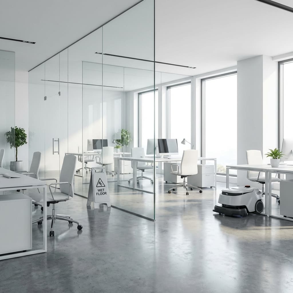 Sauberes und modernes Büro mit gläsernen Trennwänden nach der Reinigung