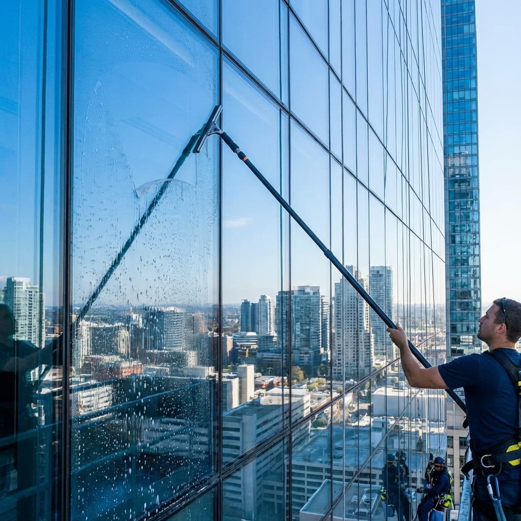 Professionelle Fensterreinigung einer modernen Glasfassade bei Sonnenschein