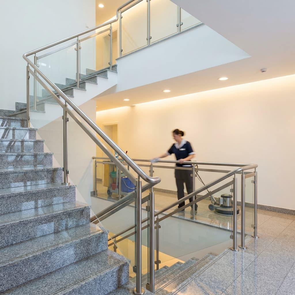 Professionelle Treppenhausreinigung in einem modernen Wohnhaus mit glänzenden Treppen