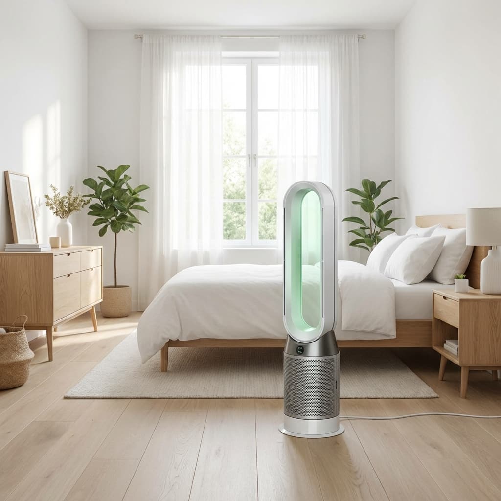 Allergikerfreundlich reinigen - Tipps gegen Pollen und Milben Helles Schlafzimmer mit Luftreiniger und HEPA-Filter Staubsauger, staubfreie Atmosphäre