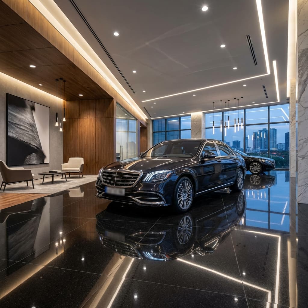 Autohaus Reinigung Showroom und Werkstatt - Präsentation Luxus-Fahrzeug in blitzblankem Autohaus-Showroom, spiegelnder Boden