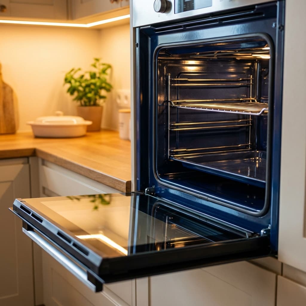 Backofen reinigen ohne Schrubben - Hausmittel Geöffneter, blitzblanker Backofen mit Innenbeleuchtung