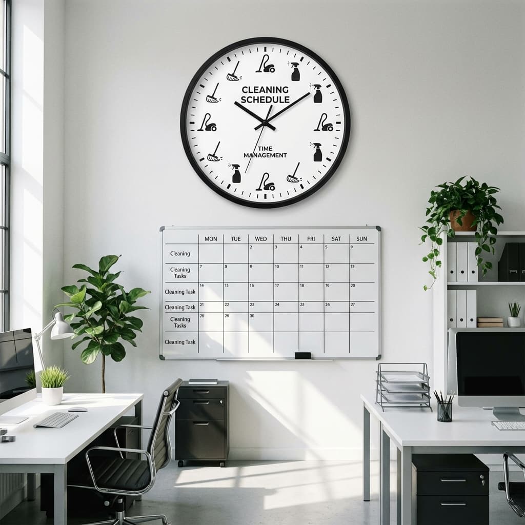 Büroreinigung wie oft? Intervalle und Empfehlungen Wanduhr in modernem Büro, Symbol für Zeitmanagement und Reinigungsplan
