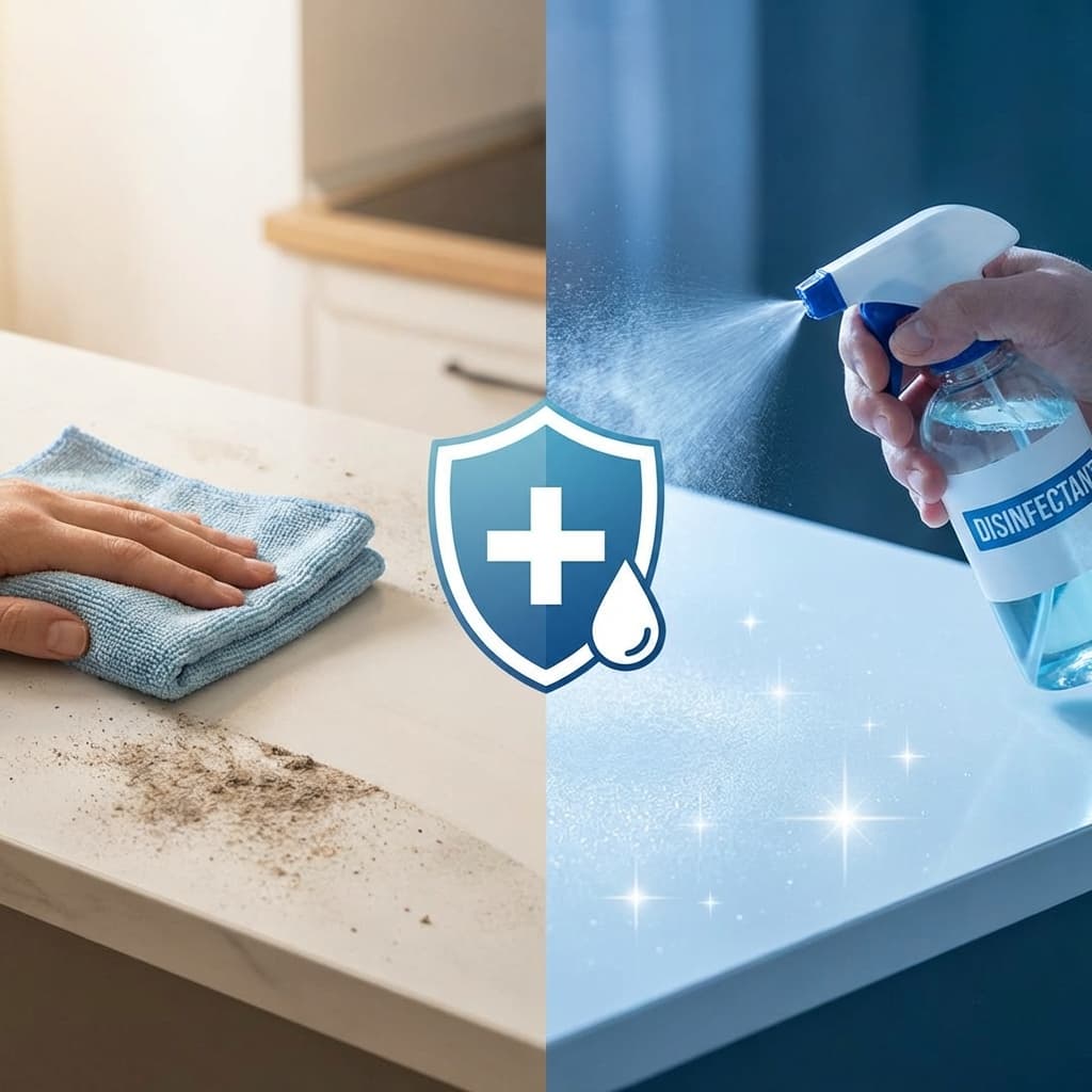 Desinfektion vs Reinigung - Der Unterschied erklärt Vergleichskonzept: Reinigungstuch vs. Desinfektionsspray, Symbol für hygienische Sauberkeit
