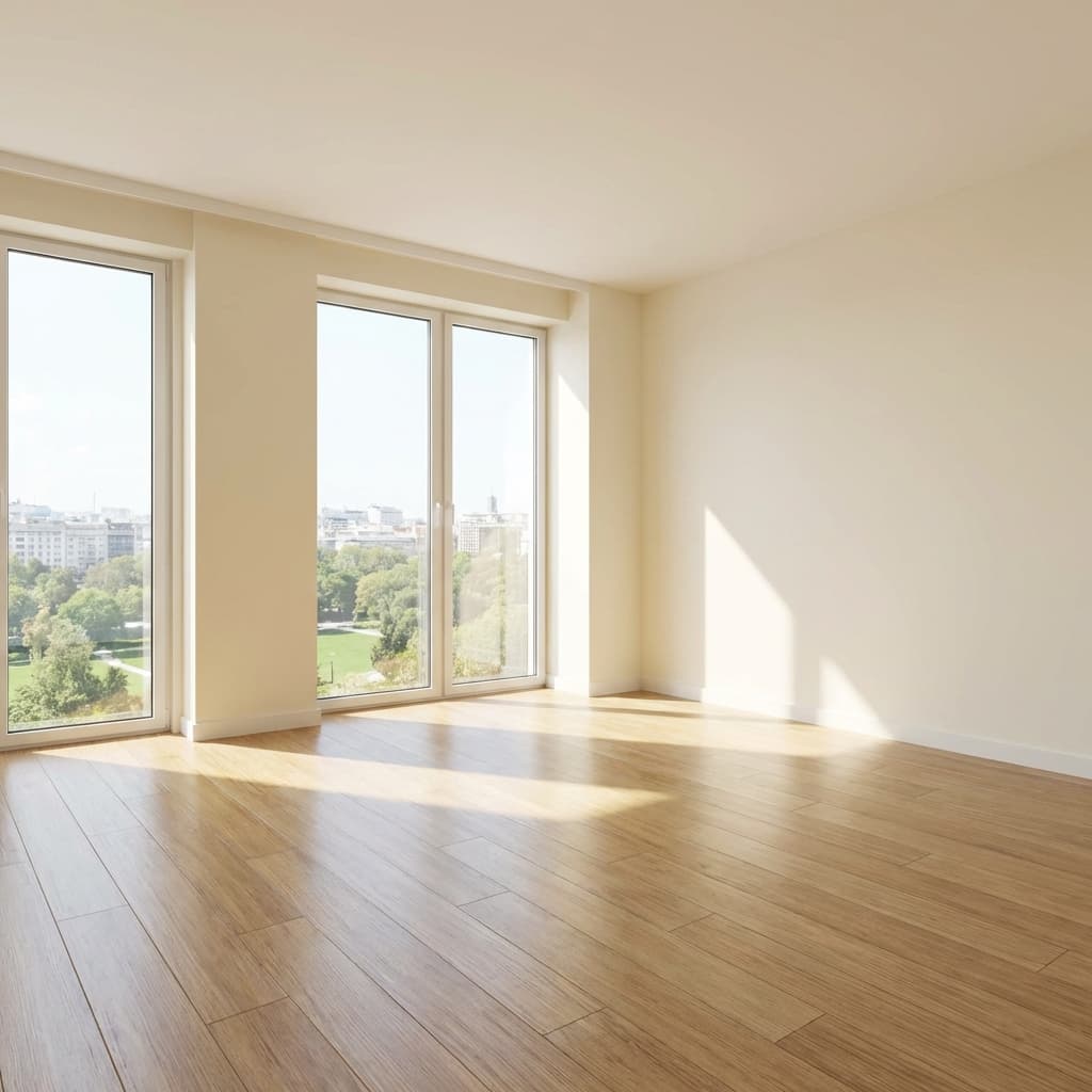 Endreinigung Wohnung - was Vermieter erwarten Perfekt gereinigte, leere Wohnung mit großen Fenstern und Holzboden bei Sonnenlicht