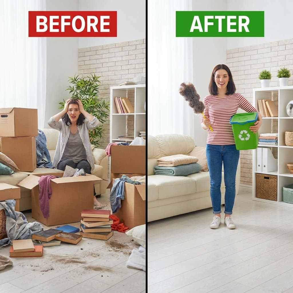 Entrümpelung Messie-Wohnung - Ablauf und professionelle Hilfe Vorher-Nachher Konzept einer entrümpelten Wohnung, Stapel Kartons vs. sauberer Raum