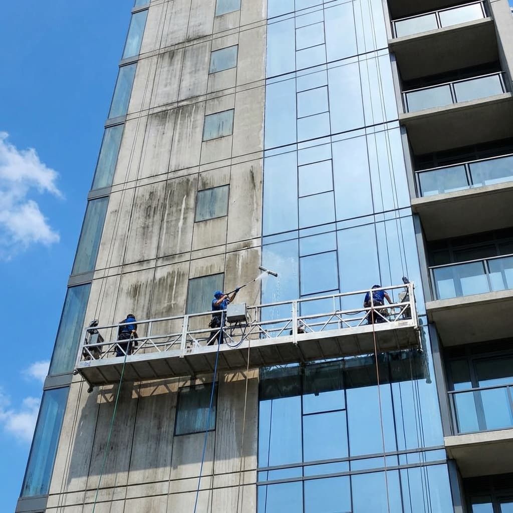 Fassadenreinigung Methoden und Kosten - Vergleich Moderne Gebäudefassade, halbseitig gereinigt mit sichtbarem Unterschied, blauer Himmel
