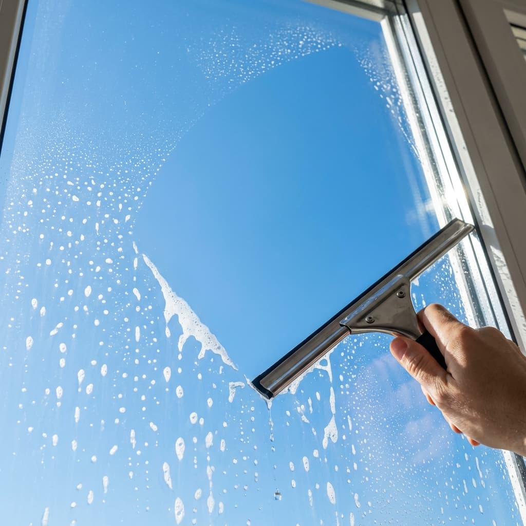 Fenster putzen ohne Streifen - Profi Tipps Streifenfreies Fensterputzen mit Profi-Abzieher bei strahlend blauem Himmel