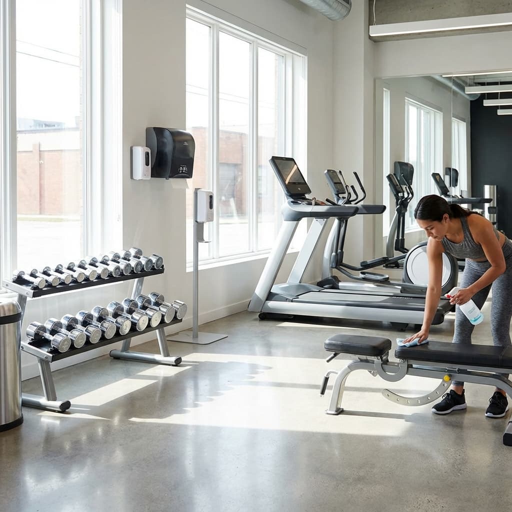 Fitnessstudio Reinigung für zufriedene Mitglieder - Hygiene Modernes Fitnessstudio mit sauberen Geräten und hygienischem Boden