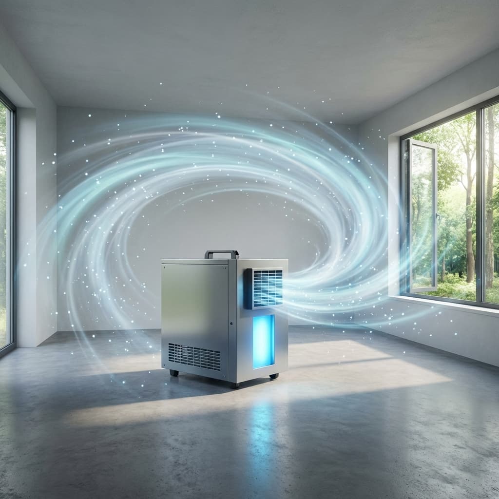 Geruchsbeseitigung professionell - Ozonbehandlung gegen Rauch und Tiergeruch Ozongenerator in leerem Raum, visualisierte Luftreinigung, entfernt Gerüche