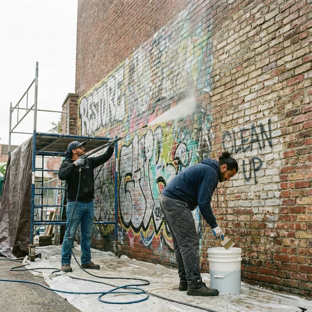 Graffiti entfernen - Methoden für saubere Wände Reinigung einer Ziegelwand von Graffiti mit Hochdruckreiniger, Restaurierung läuft