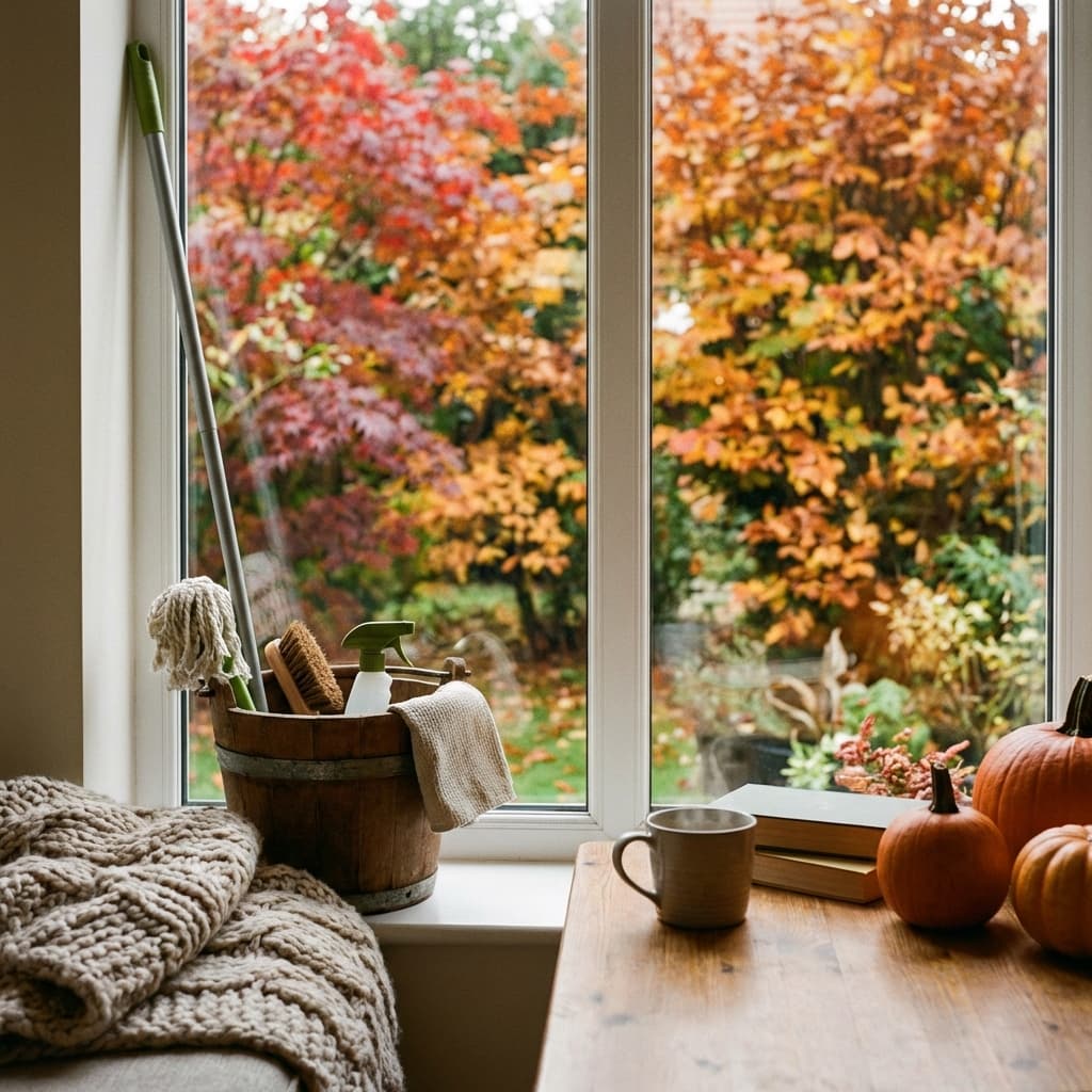 Herbstputz Checkliste - Haus winterfest machen Gemütliche Herbststimmung zuhause mit Blick durchs saubere Fenster auf Herbstlaub, Putzeimer bereit
