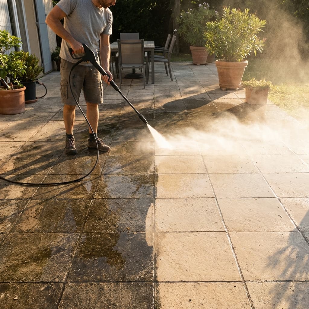 Hochdruckreiniger richtig nutzen - Tipps für Terrasse und Wege Mann reinigt Terrasse mit Hochdruckreiniger, deutlicher Unterschied sichtbar, sommerliches Licht