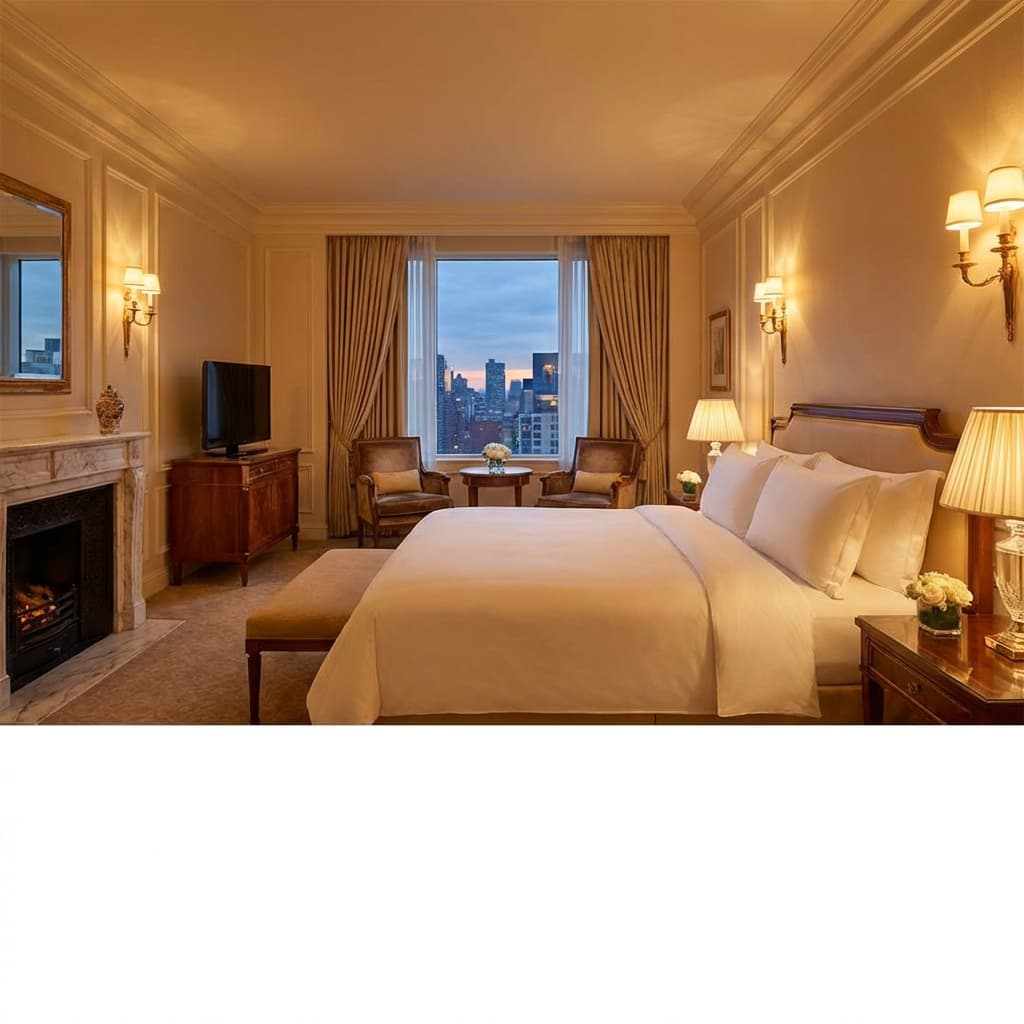 Hotelreinigung Standards für 5-Sterne Sauberkeit Luxuriöses Hotelzimmer mit perfekt gemachtem Bett und stimmungsvoller Beleuchtung