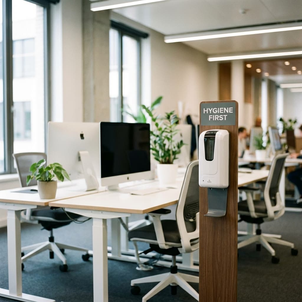 Büro-Hygiene Standards nach Corona - Sicher arbeiten Modernes Büro mit Hygienespender im Vordergrund, saubere Arbeitsplätze