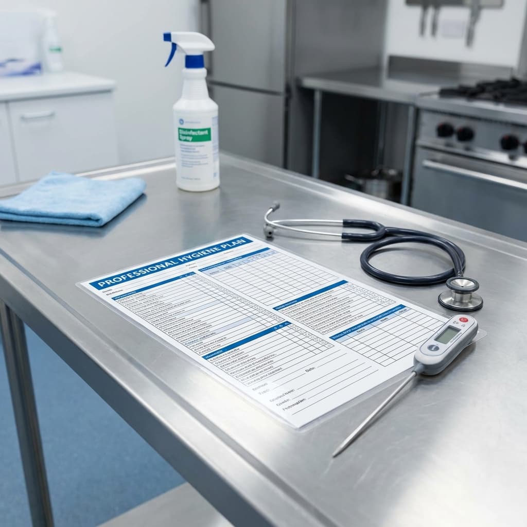 Hygieneplan erstellen - Vorlage und Anleitung Professioneller Hygieneplan und Desinfektionsmittel auf Edelstahloberfläche, Symbol für Sauberkeit