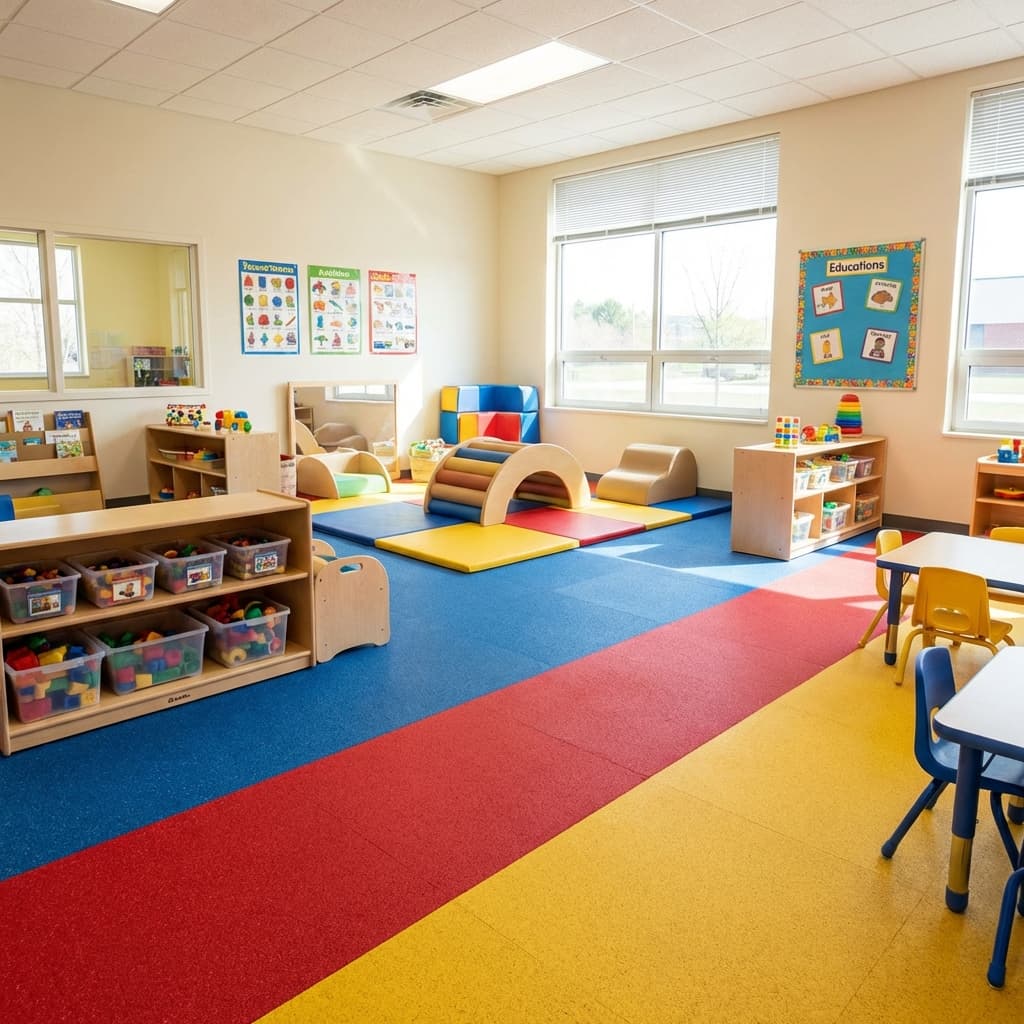 Kindergartenreinigung und Kindersicherheit Bunter, aufgeräumter Spielbereich im Kindergarten, sauberer Boden