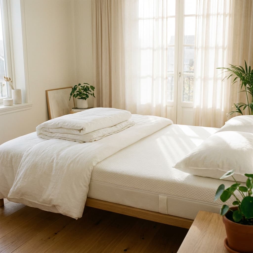 Matratze reinigen - Flecken und Milben entfernen Frische, saubere Matratze mit weißer Bettwäsche im hellen Schlafzimmer