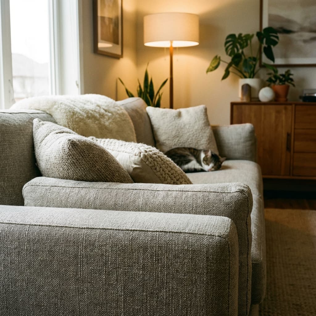 Polstermöbel und Sofa professionell reinigen Gepflegtes Stoffsofa in modernem Wohnzimmer, Detailansicht