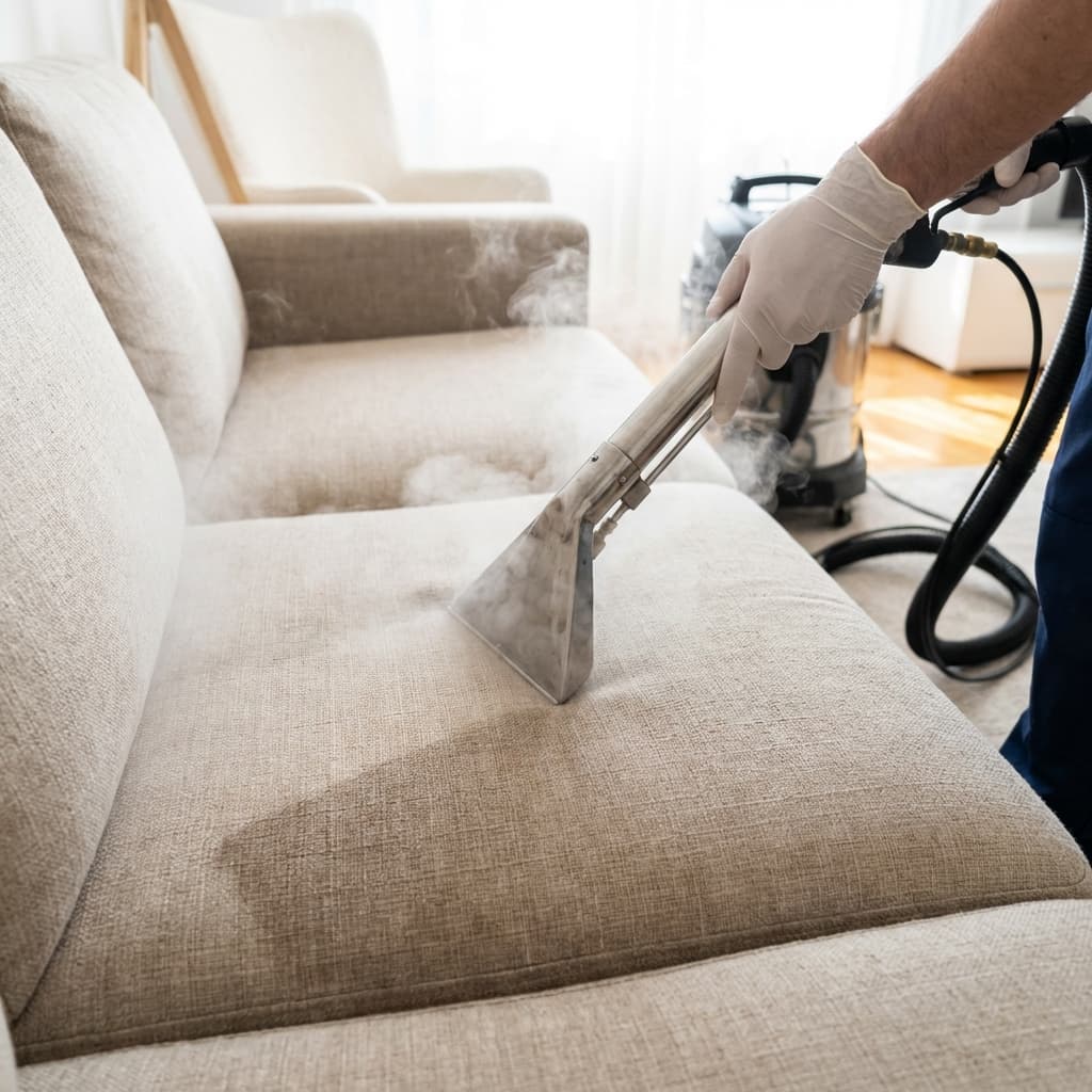 Polsterreinigung professionell - Sofa reinigen lassen Professionelle Polsterreinigung eines Sofas mit Dampfreiniger, Dampf sichtbar