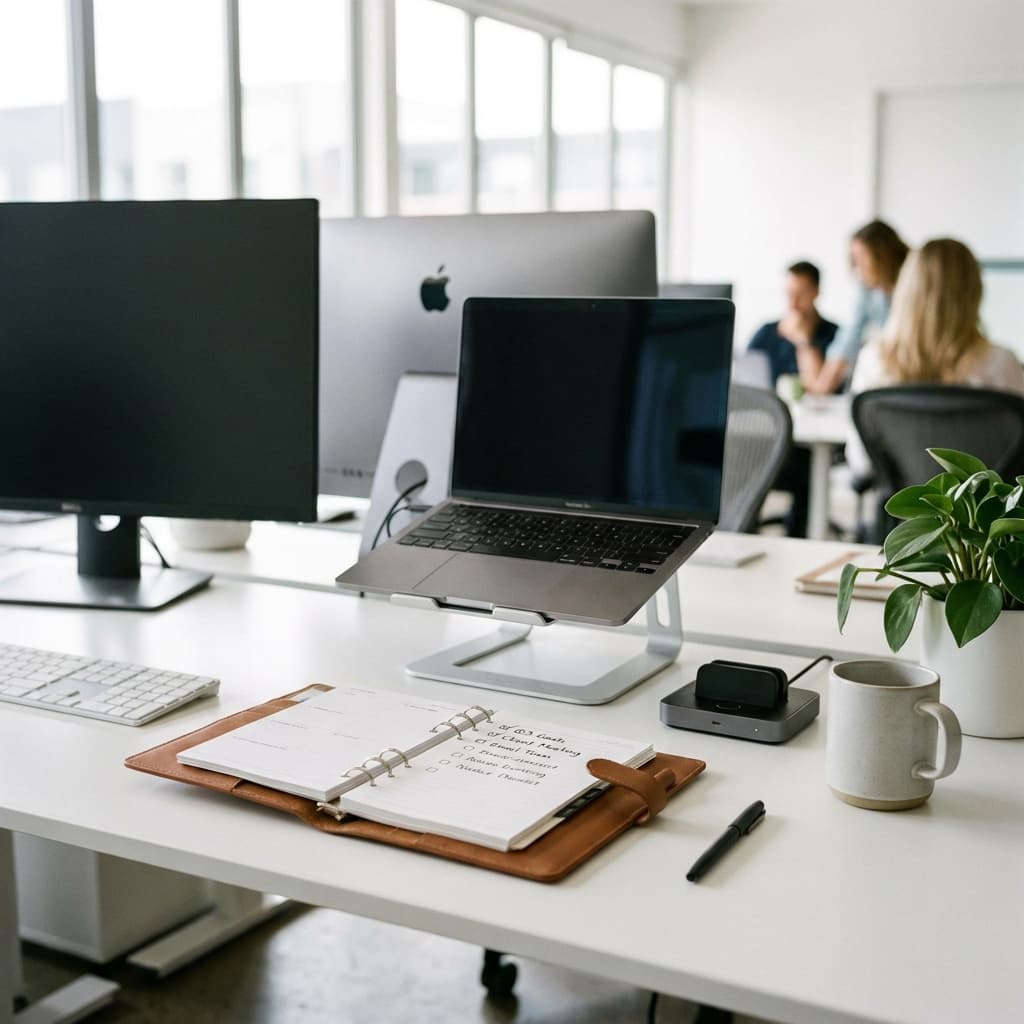 Reinigungsplan Büro Vorlage - Wöchentlich und Monatlich Aufgeräumter, moderner Schreibtisch im Büro mit Planer und Laptop