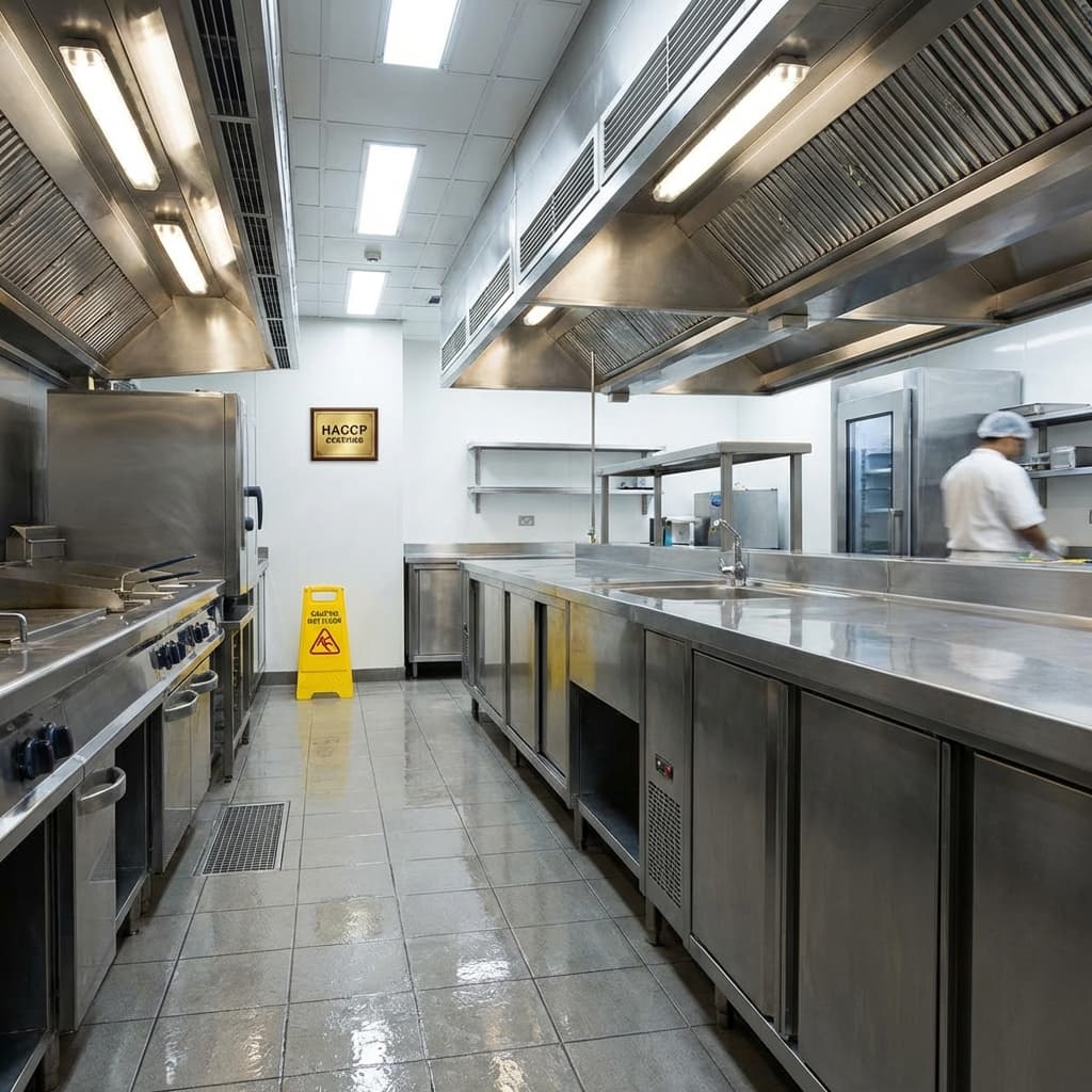 Restaurantreinigung nach HACCP-Standards - Hygiene Professionelle HACCP-konforme Gastronomieküche, blitzblanke Edelstahlflächen