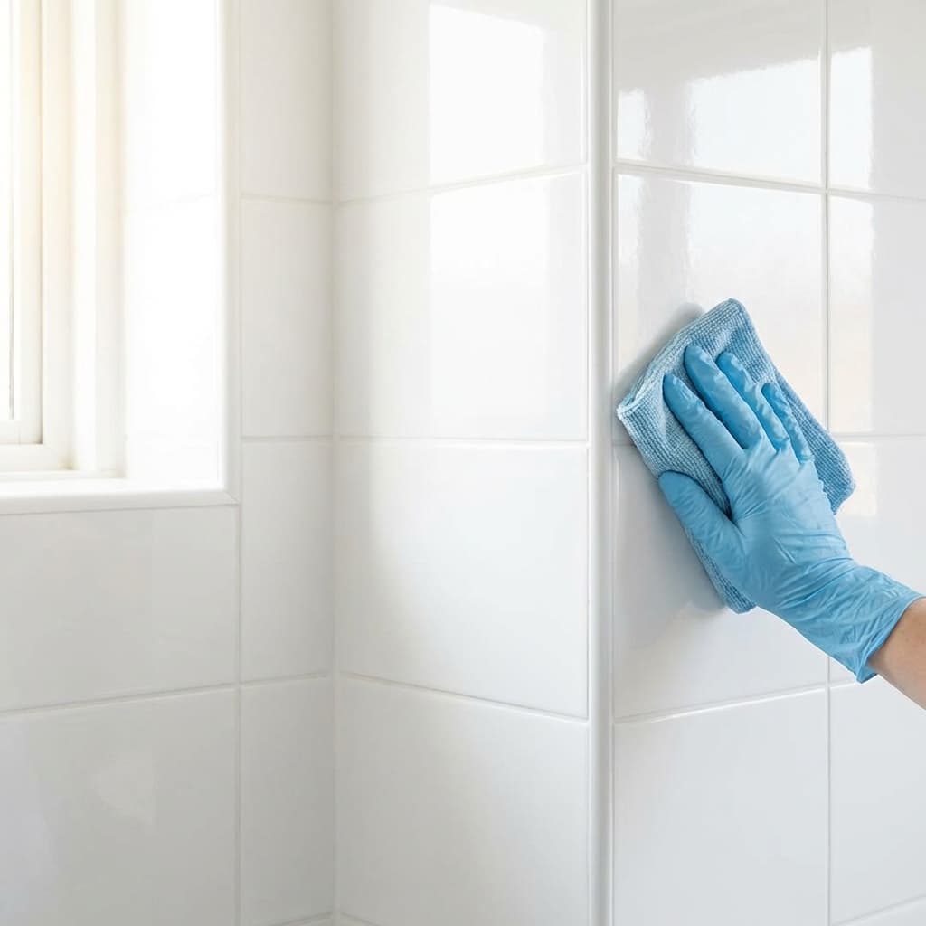 Schimmel sicher entfernen - Anleitung und Tipps Schimmelfreie, saubere weiße Wandfliesen, Symbol für Hygiene