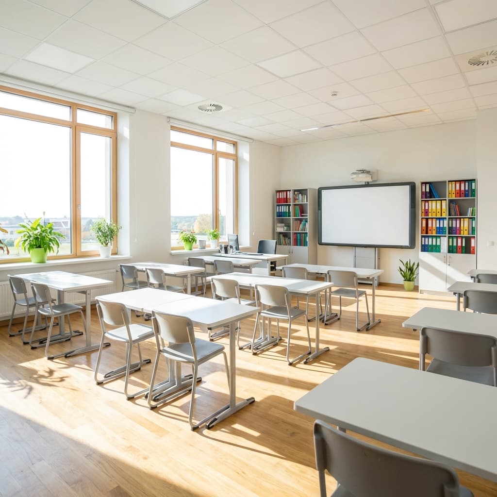Schulreinigung und Hygiene in Schulen Helles, sauberes Klassenzimmer mit ordentlichen Tischreihen und Tafel