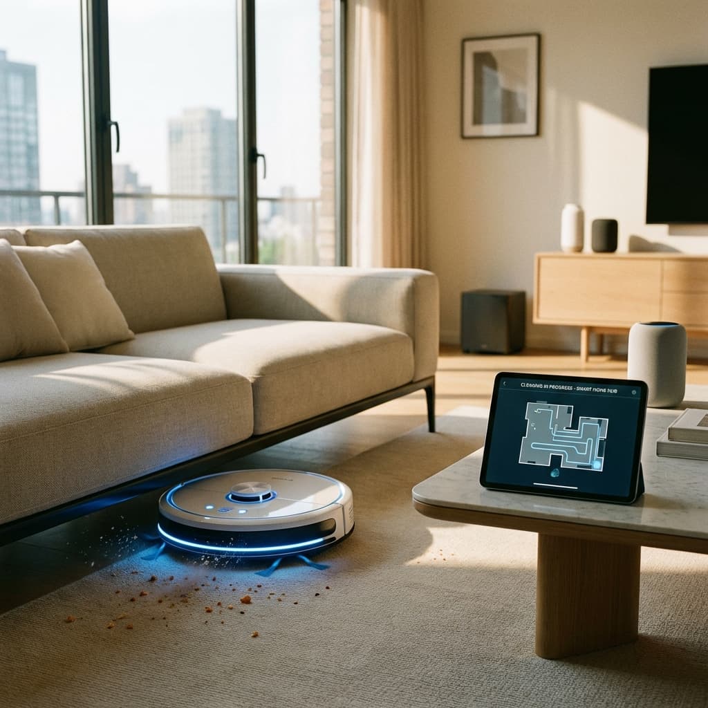 Smart Home Reinigung mit Saugroboter - Vorteile und Grenzen Saugroboter reinigt unter modernem Sofa im Wohnzimmer, Smart Home Konzept