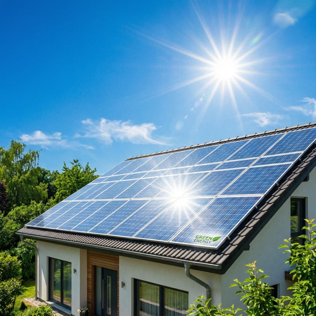 Solaranlagen reinigen für maximalen Ertrag Solaranlage auf einem Dach, glänzend sauber und reflektierend in der Sonne, blauer Himmel