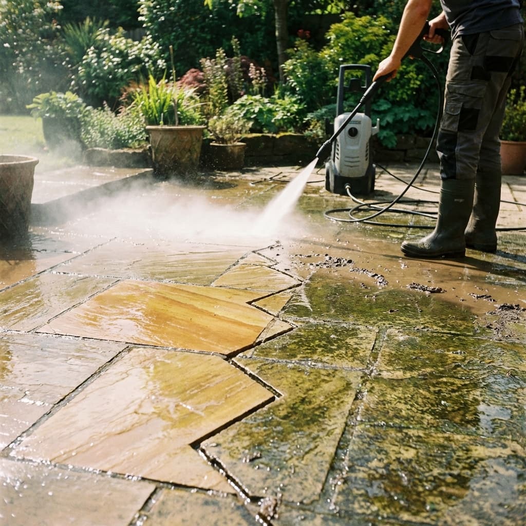 Steinreinigung für Pflaster und Terrasse - wie neu Reinigung von Terrassenplatten mit Hochdruckreiniger, deutlicher Vorher-Nachher-Effekt