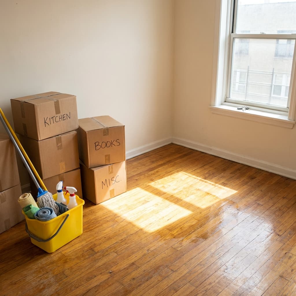 Umzugsreinigung Checkliste für die Wohnungsübergabe Leere Wohnung mit Umzugskartons und Putzeimer bereit für die Endreinigung