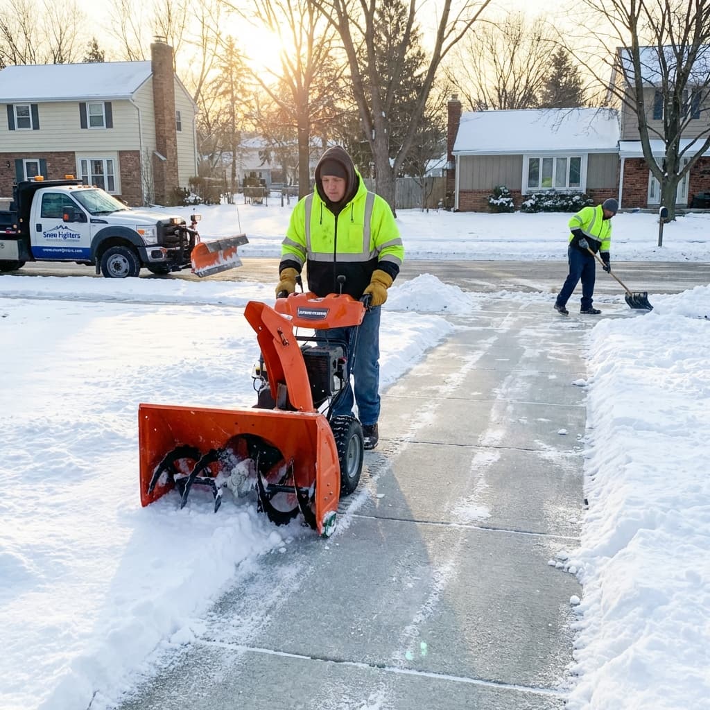 Winterdienst Kosten und Preise für Räumen und Streuen Professioneller Winterdienst beim Schneeräumen in einer Wohnsiedlung