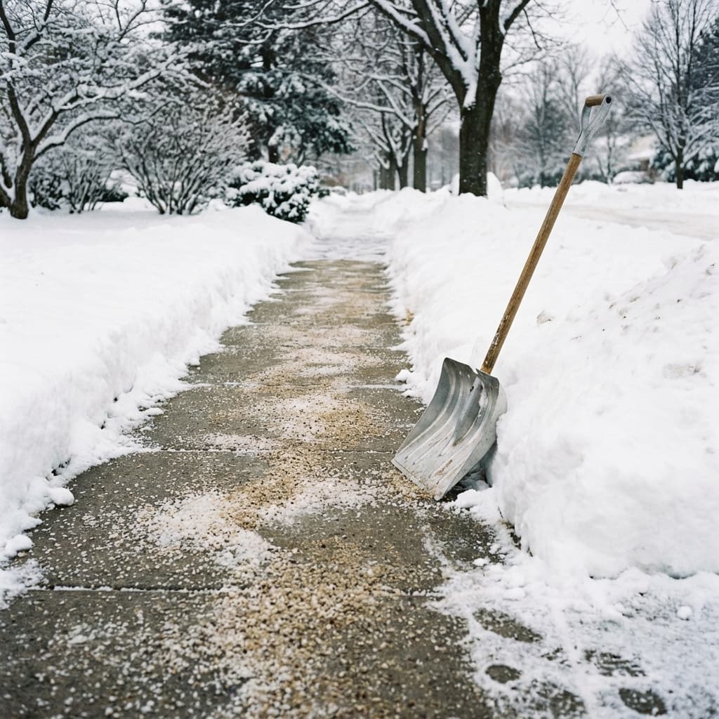 Winterdienst Pflichten und Räumpflicht für Eigentümer Schneeschaufel auf geräumtem Gehweg im Winter, gestreuter Weg, Schnee an den Seiten